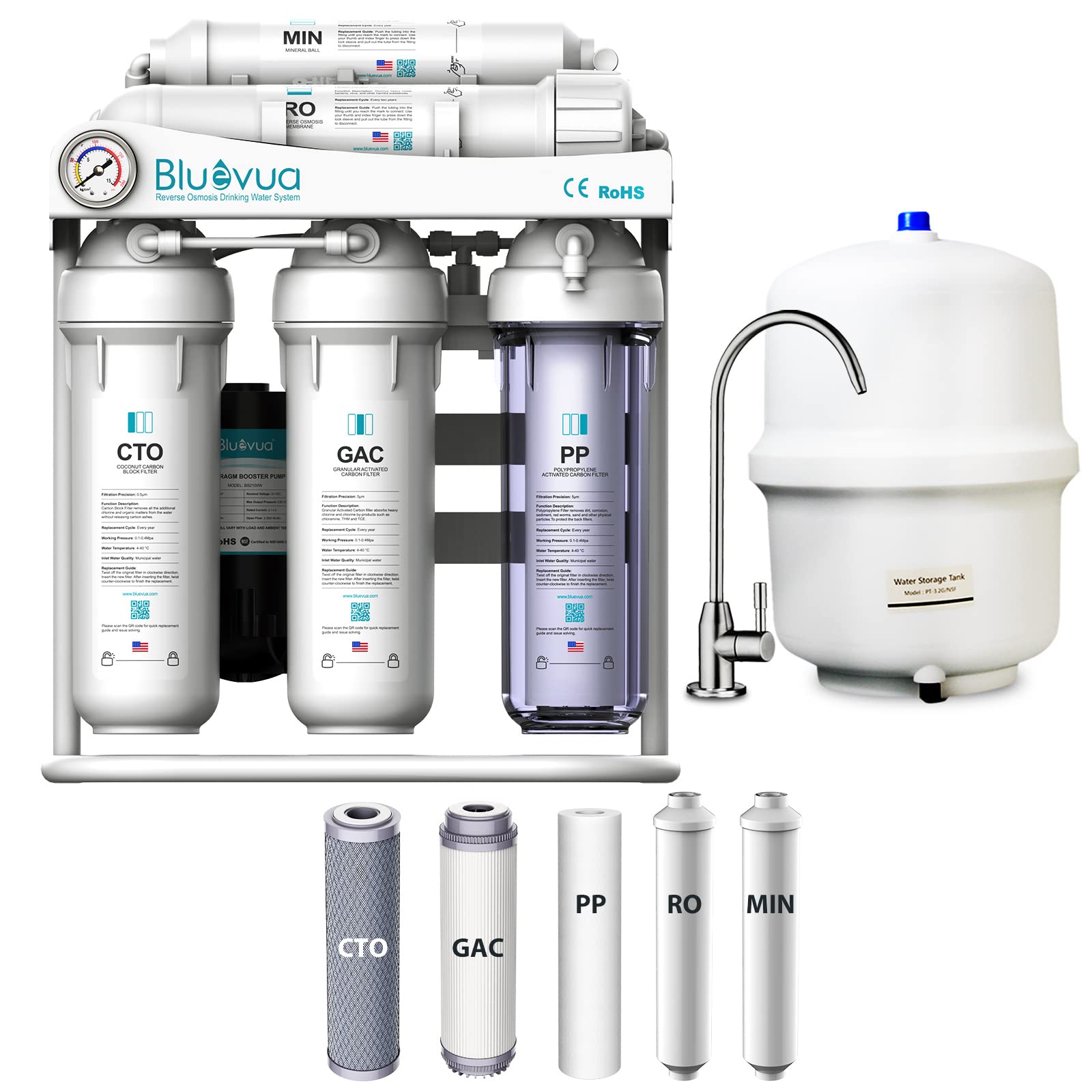 Buy Bluevua RO100DS Under Sink Water Filter System, Reverse Osmosis, 6