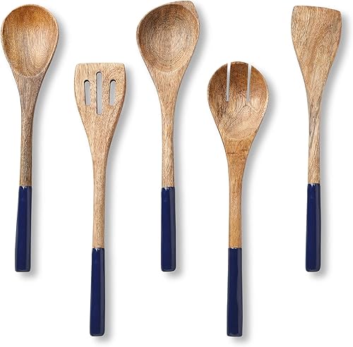 Folkulture Cucharas de madera para cocinar, juego de 5 utensilios de cocina de madera, utensilios de madera antiadherentes para cocinar, juego de