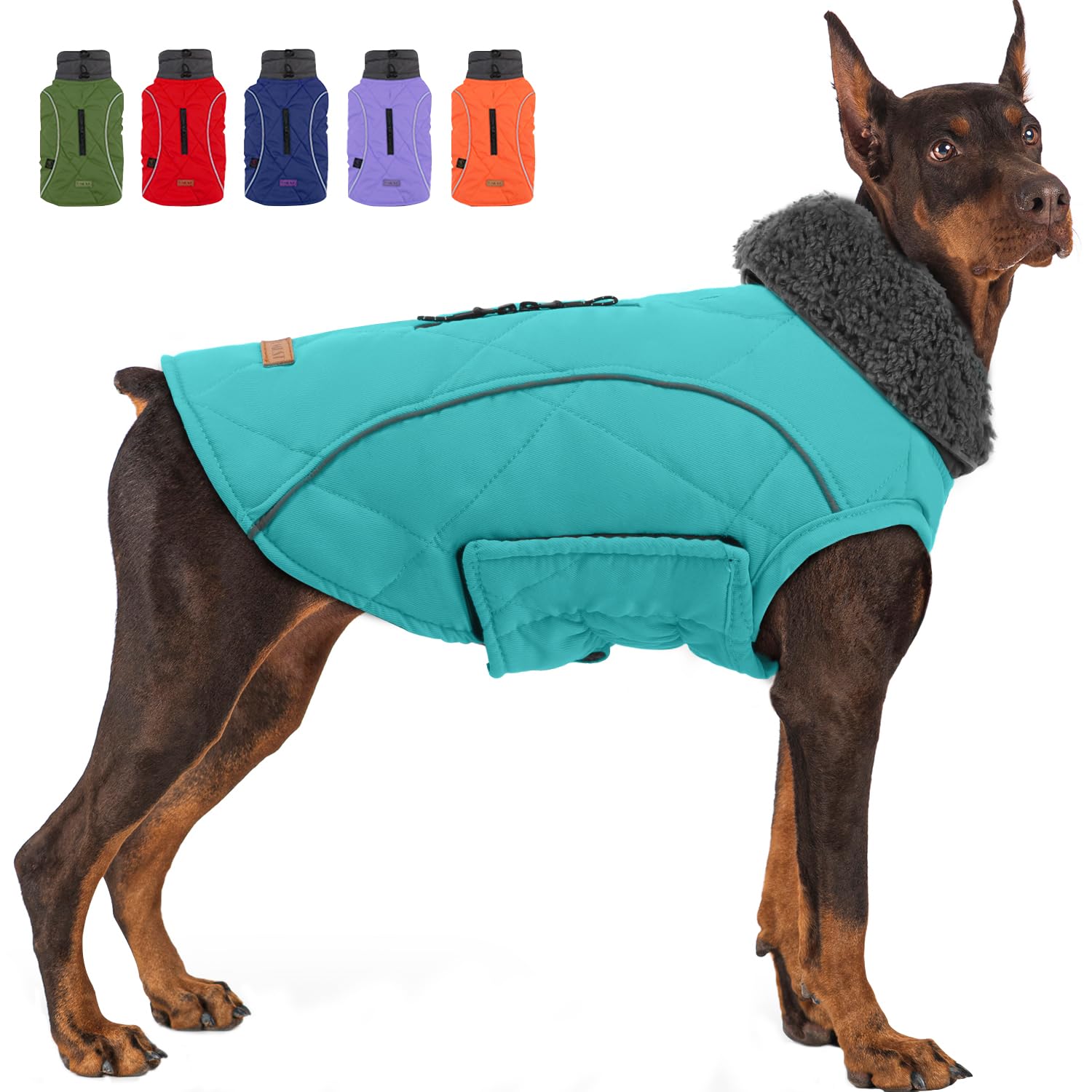 EMUST Abrigos de invierno para perros, ropa gruesa para perros medianos, abrigos para perros de invierno con agujero para arnés, abrigos para perros para clima frío, turquesa, M