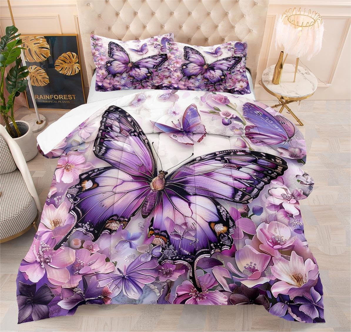 Purple Butterfly Comforter Set Queen Size Chic Flower Butterfly Bedding Sets Botanical Plants Comforter Quilt Boho Animal Bed Set 3Pcs Soft Fluffy Comforter for Girls Women Adult Room - Image 7