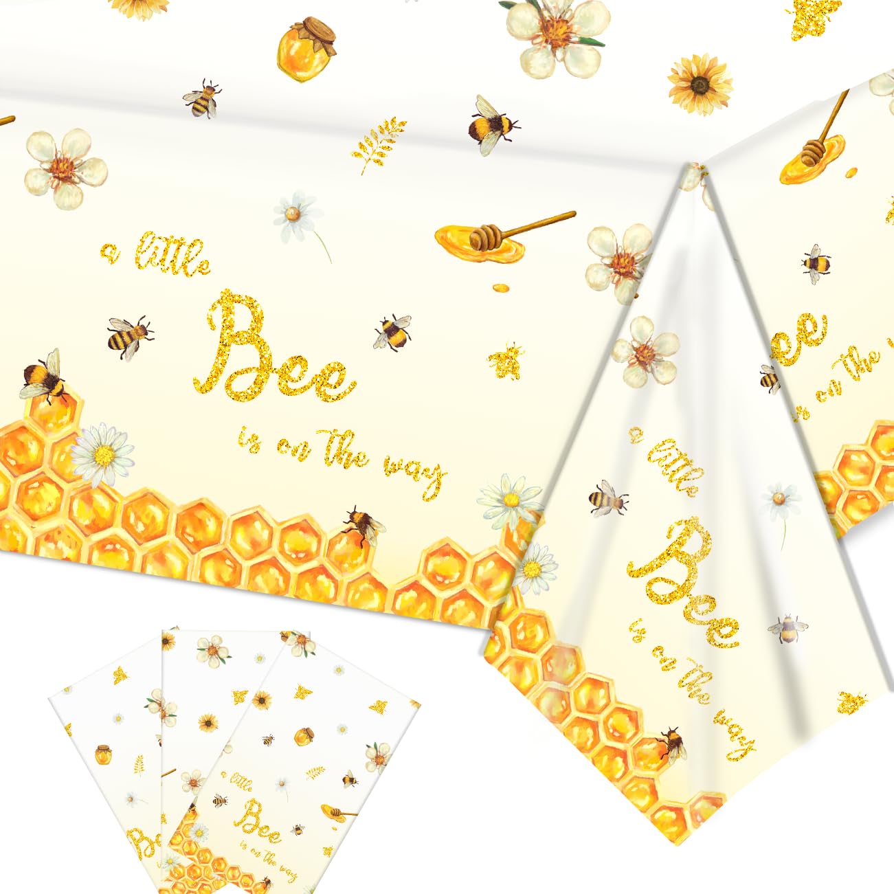 3Pcs A Little Bee Tablecloth and Decorations - Disposable Plastic Rectangle Table Cover for Boys and Girls Bee Themed Party (54'' x 108'')