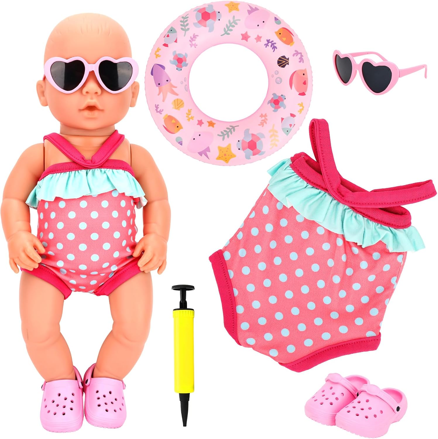 Sweet Baby Doll Clothes for 14-17 Inch Baby Dolls 5 Pieces Cute Summer Accessories Includes 1 Swimsuit, 1 Swimming Ring, 1 Shoes, 1 Glasses, etc for Born Dolls Summer Beach Set