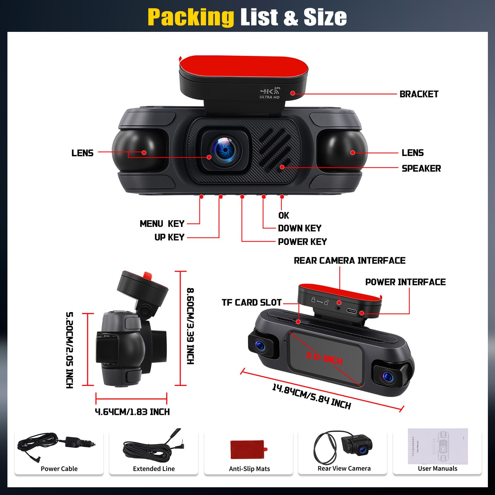 4K 360° Dash Cam Auto con GPS, Videocamera per Auto con Grandangolo 150°, Visione Notturna Super, Monitoraggio del Parcheggio, Sensore G, Registrazione in Loop, APP, Assistenza alla Retromarcia