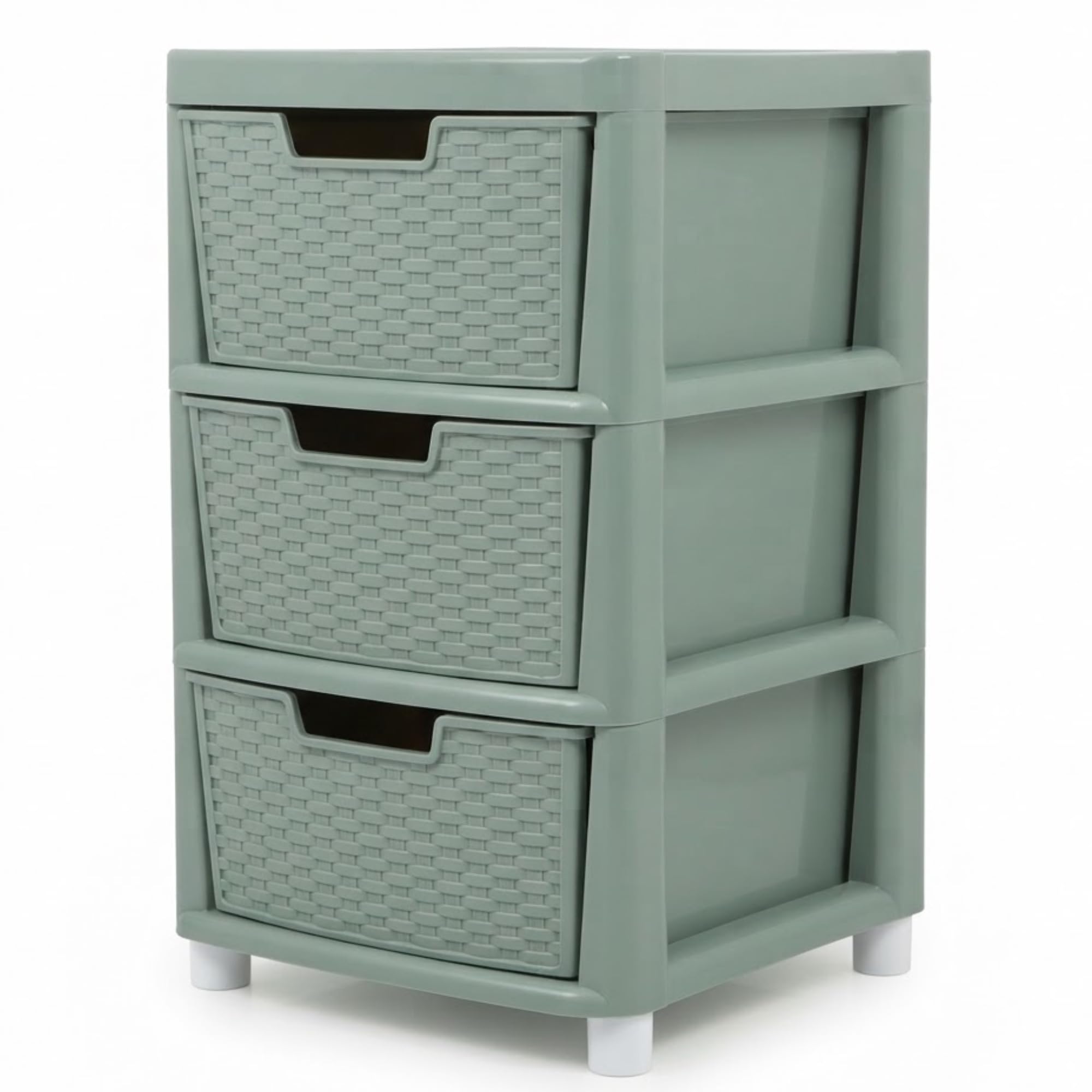 ZYORA 3 Tier Large Sage Green Rattan Effect Drawer - Plastic Durable Stylish with Smooth Pull Drawers - Multipurpose Storage Unit Cabinet Organizer for Home Office, Bedroom, Bathroom, Garage