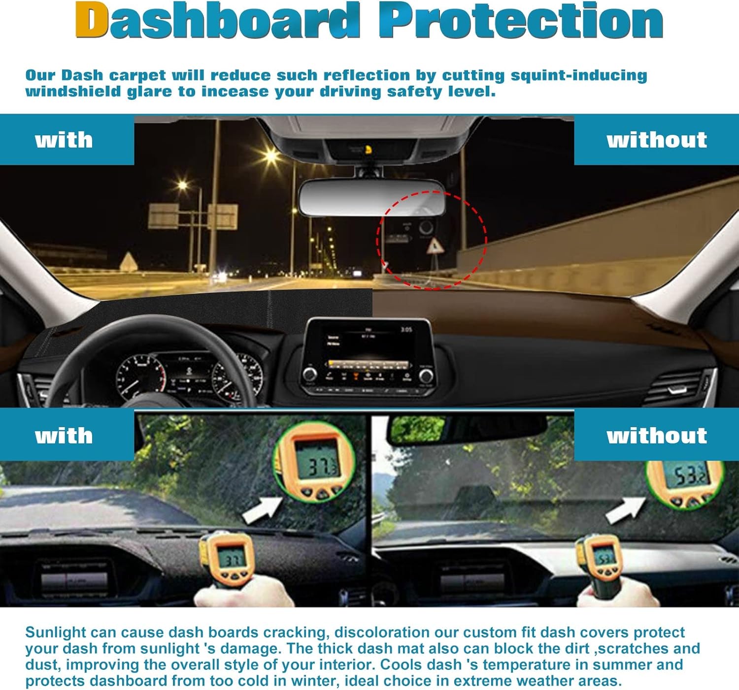 x xotic tech Center Console Dashboard Mat Pre-Cut Non-Slip Sunshield Sun Glare Protector Dash Carpet Pad Black Cover Compatible with Nissan Rogue 2021 2022 2023 2024 2025 2026