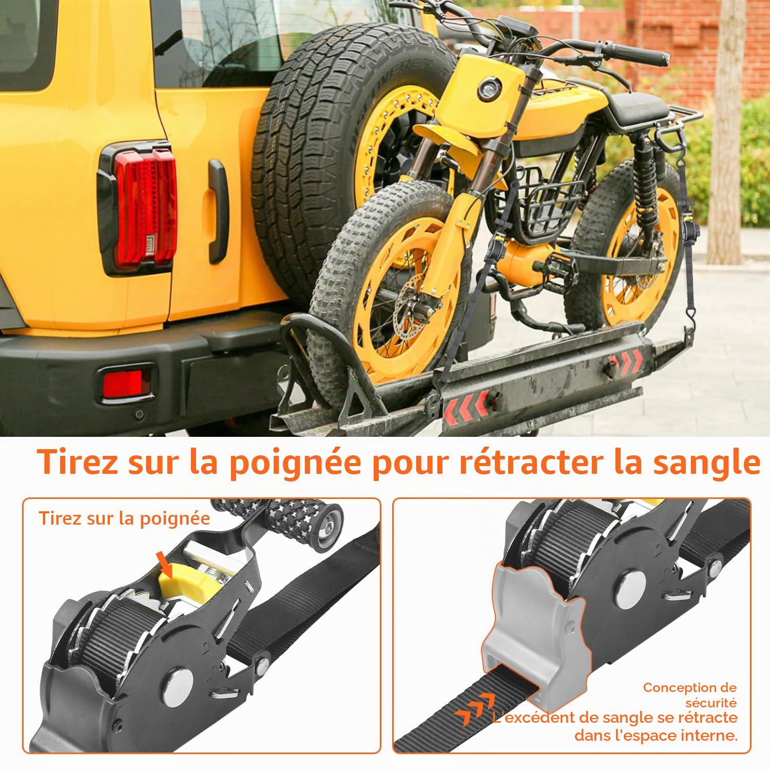 Lot de 2 sangles à cliquet rétractables automatiques - 3,3 m x 25 mm - Force de serrage 680 kg - Pour sécuriser des objets pendant le transport