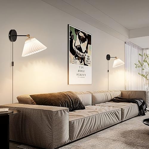 Miniatura 6 de Aplique de pared enchufable, juego de 2 lámparas de pared blancas enchufables, lámpara de pared con cable de enchufe e interruptor de