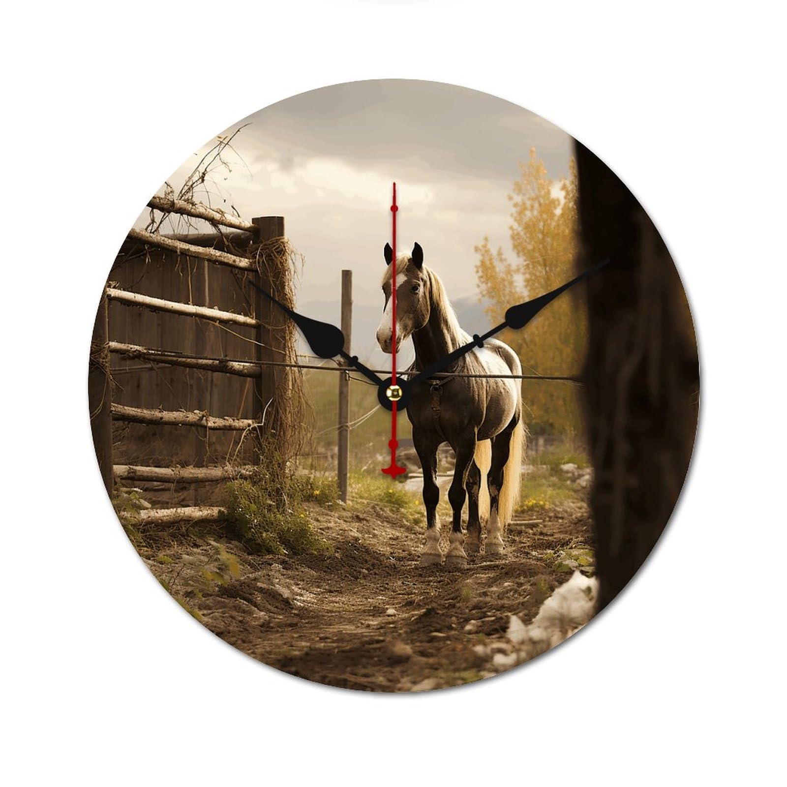 Horloge murale en bois motif cheval idée cadeau déco maison 34 cm