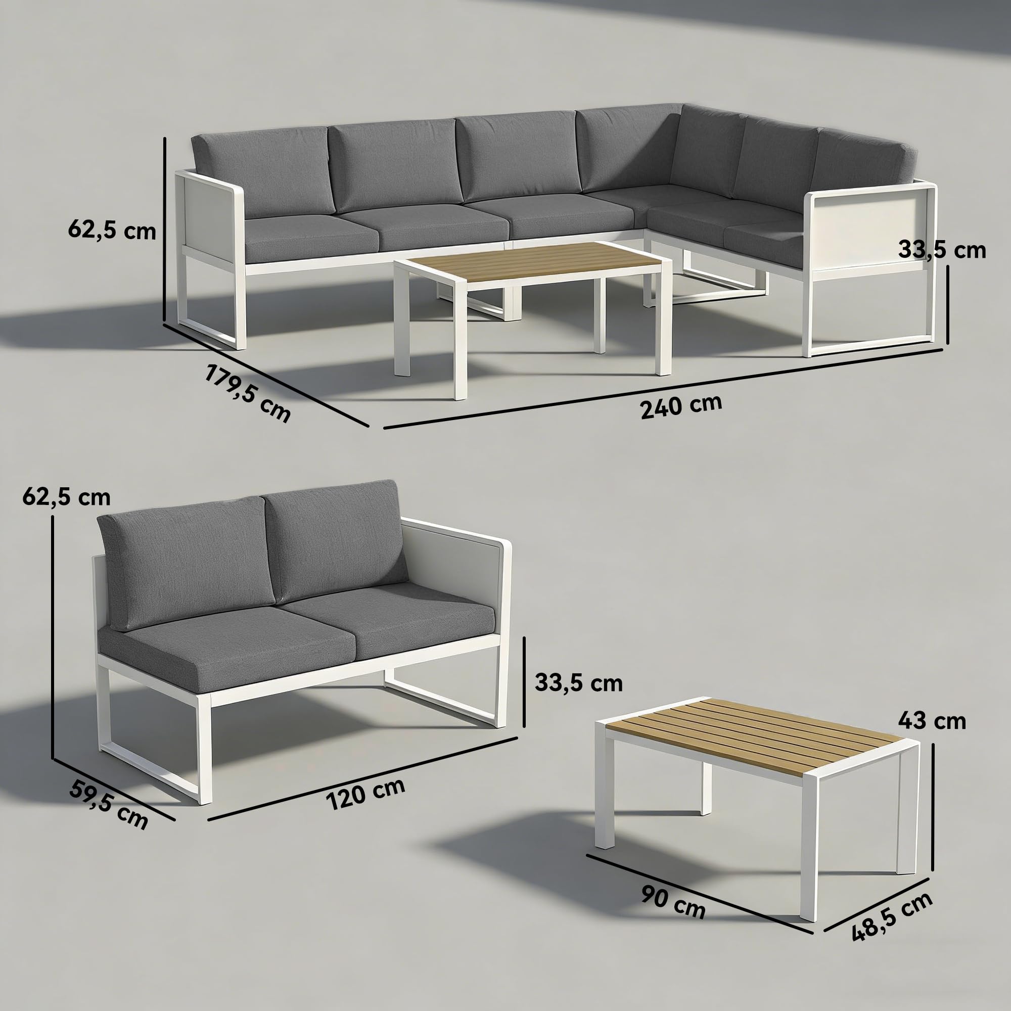 Outsunny Conjunto de Muebles Jardín Exterior de 4 Piezas Sofá Exterior Seccional Forma de L con 3 Sofás de 2 Plazas Asiento de Textilene Mesa con Tablero Efecto Madera WPC Cojines Gris Claro y Blanco
