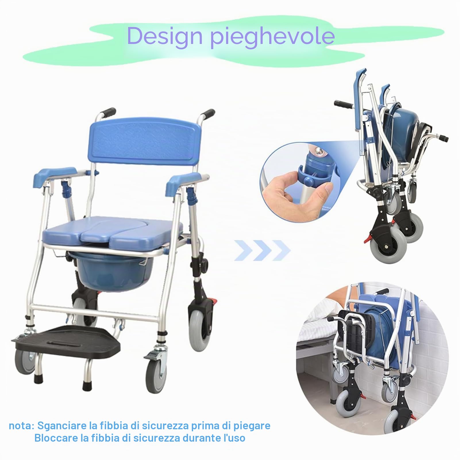 Sedia Comoda WC per Anziani con Rotelle, Sedia Doccia e WC con Ruote Pieghevole Blu, Sedile Morbido Antiscivolo con Secchio Rimovibile, Portata 150kg, Facile da Spostare