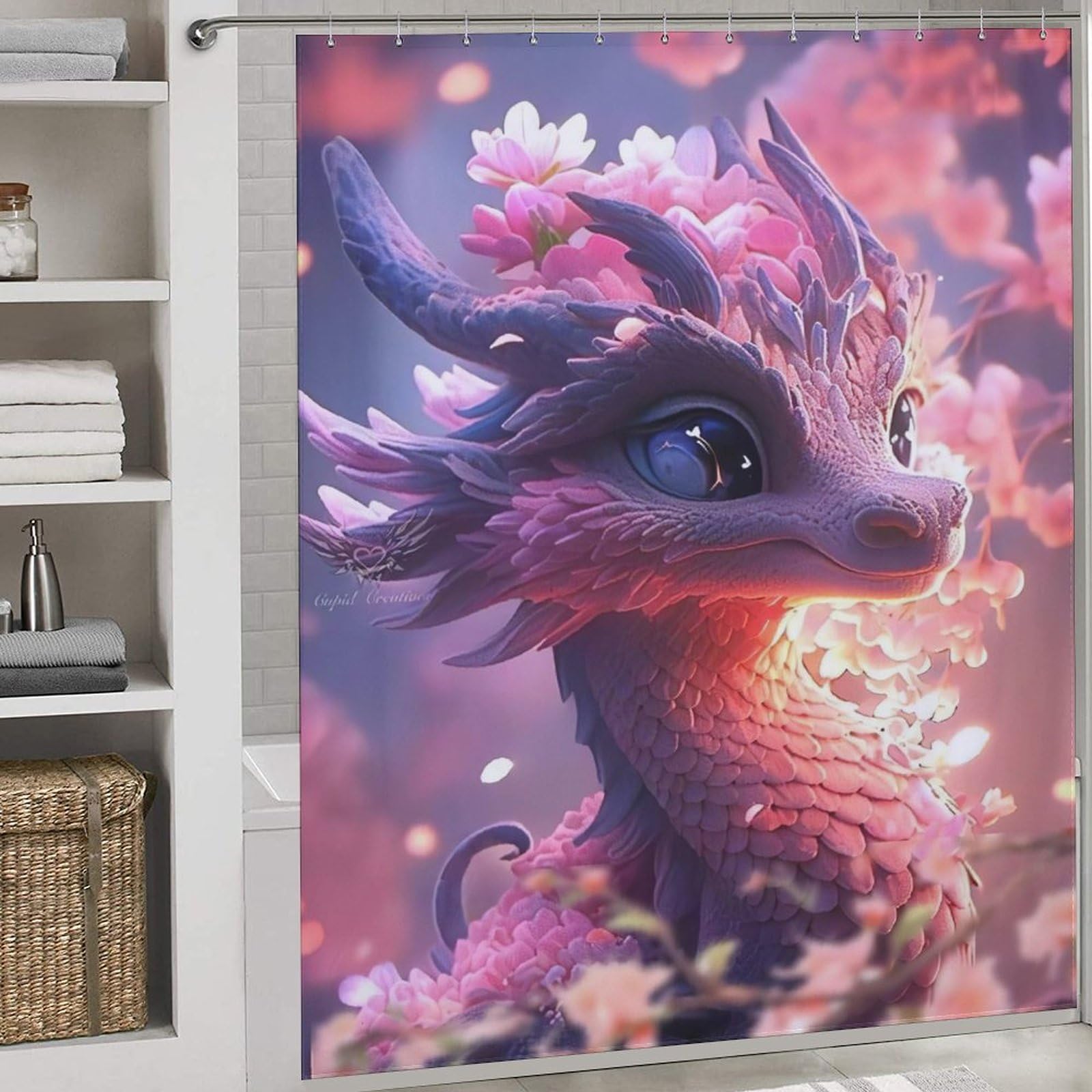 PAZZK Cute Dragon Shower Curtain Bathroom Curtain Waterproof Polyester Fabric Bath Curtain with 12 Hooks 72x72Inch (183x183cm)