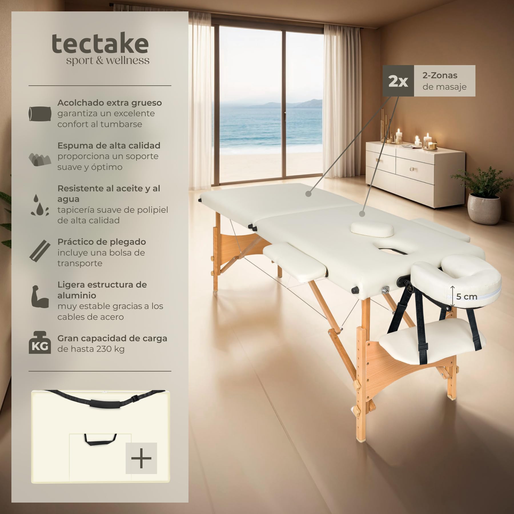 tectake® Camilla Masaje Plegable, Camilla Estética Profesional de Aluminio, Camilla Profesional para Fisioterapia, Quiromasaje, Tatoos, Reiki, Altura Ajustable, 2 Zonas, con Bolsa Transporte - Beige