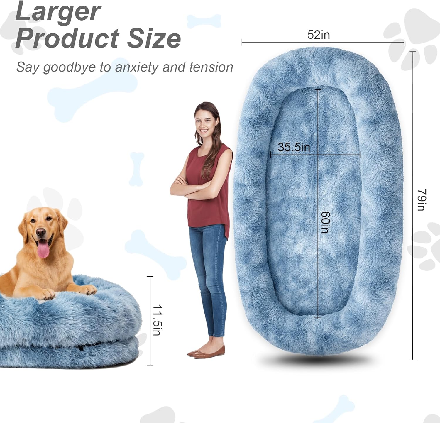 Human Dog Bed XL 79"x44"x12.5" - Shared Orthopedic Dog Bed for Adults & Pets, Large Size Faux Fur Pet Bed, Removable Washable Cover, Gradient Blue