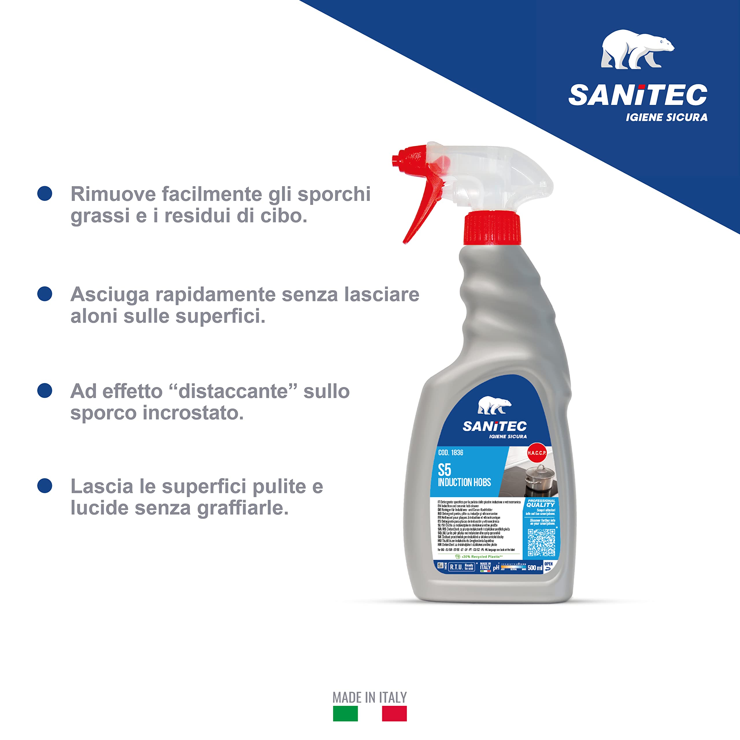 Sanitec, S5 Induction Hobs, Detergente ad Effetto Distaccante per la Pulizia dei Piani di Cottura, in Vetroceramica e Induzione, Rimuove Facilmente Sporchi Grassi, Made in Italy, Flacone 500 ml