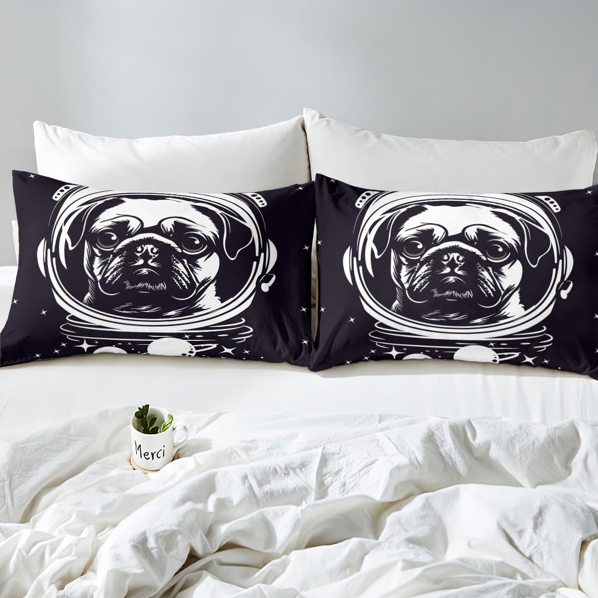 Erosebridal Space Dog Sheet Set Astronaut Pug Bedding Set Full Size for Kids Boys Girls Children Funny Puppy Fitted Sheet Starry Sky Galaxy Bed Cover 3 Pieces with 2 Pillow Cases