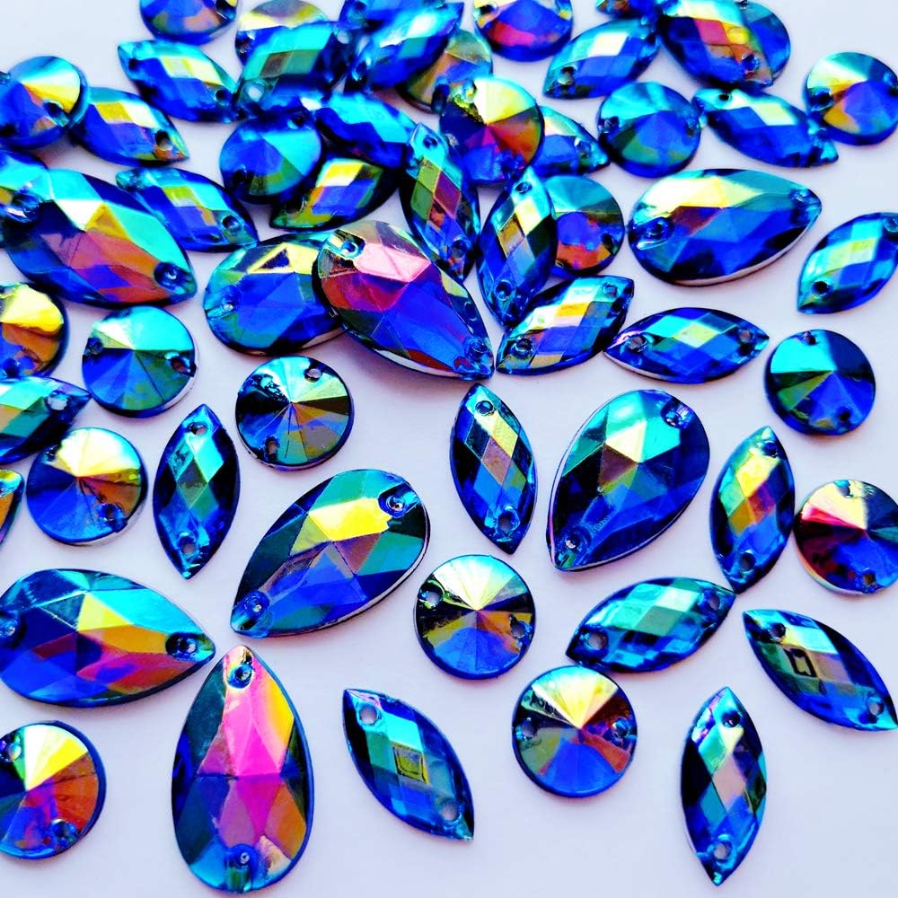 150pcs Drop Horse Eye Round Mix Shape AB Color Clear Sew On Acrylic Rhinestones Flatback Stones Sewing for Clothing Wedding Dress Decorations (Blue)