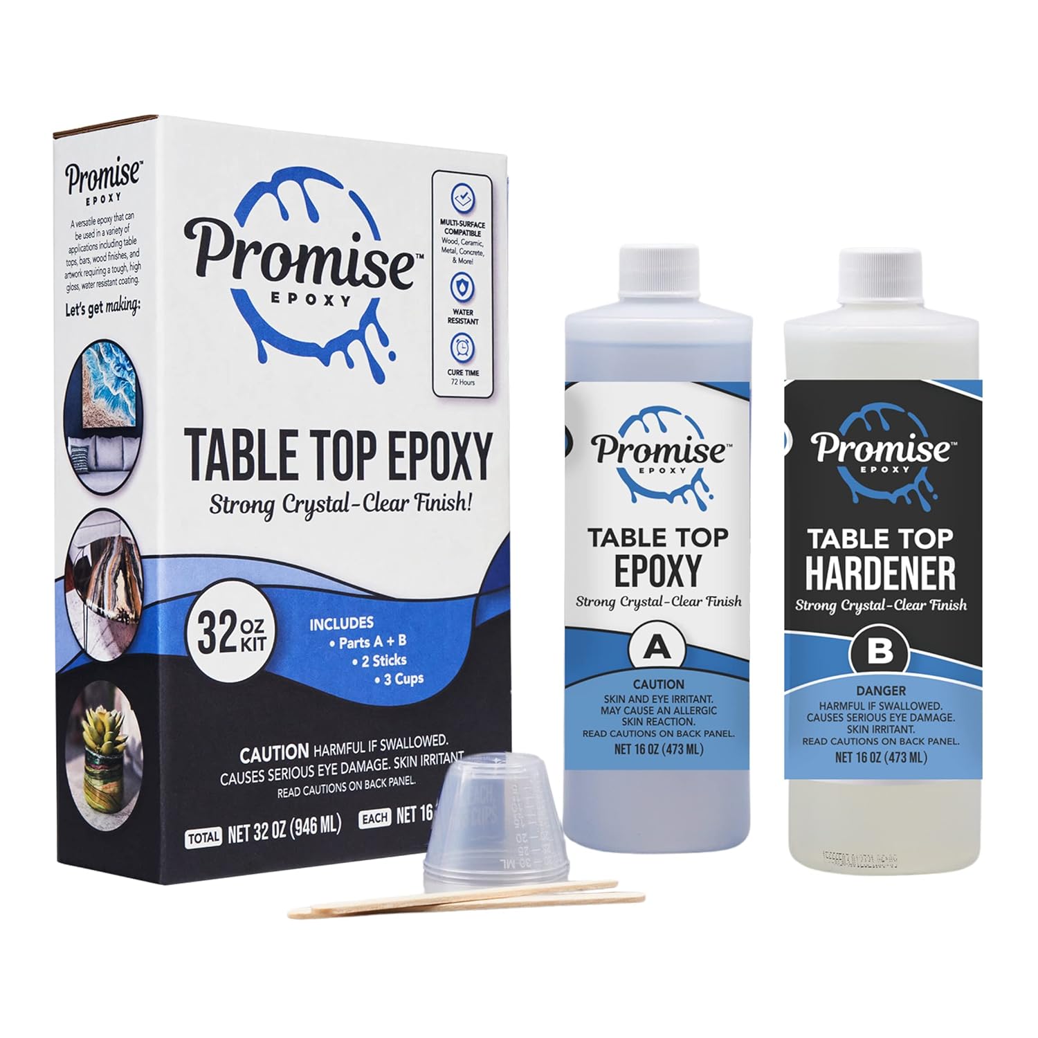 Promise Epoxy Table Top Epoxy Resin Kit 64 oz (32 Oz Resin and 32 Oz Hardener Set) – Clear Coat for Table Top Art with Mixing Cups, Stir Sticks, Brushes, and Gloves, Hand Mix DIY Casting Supplies