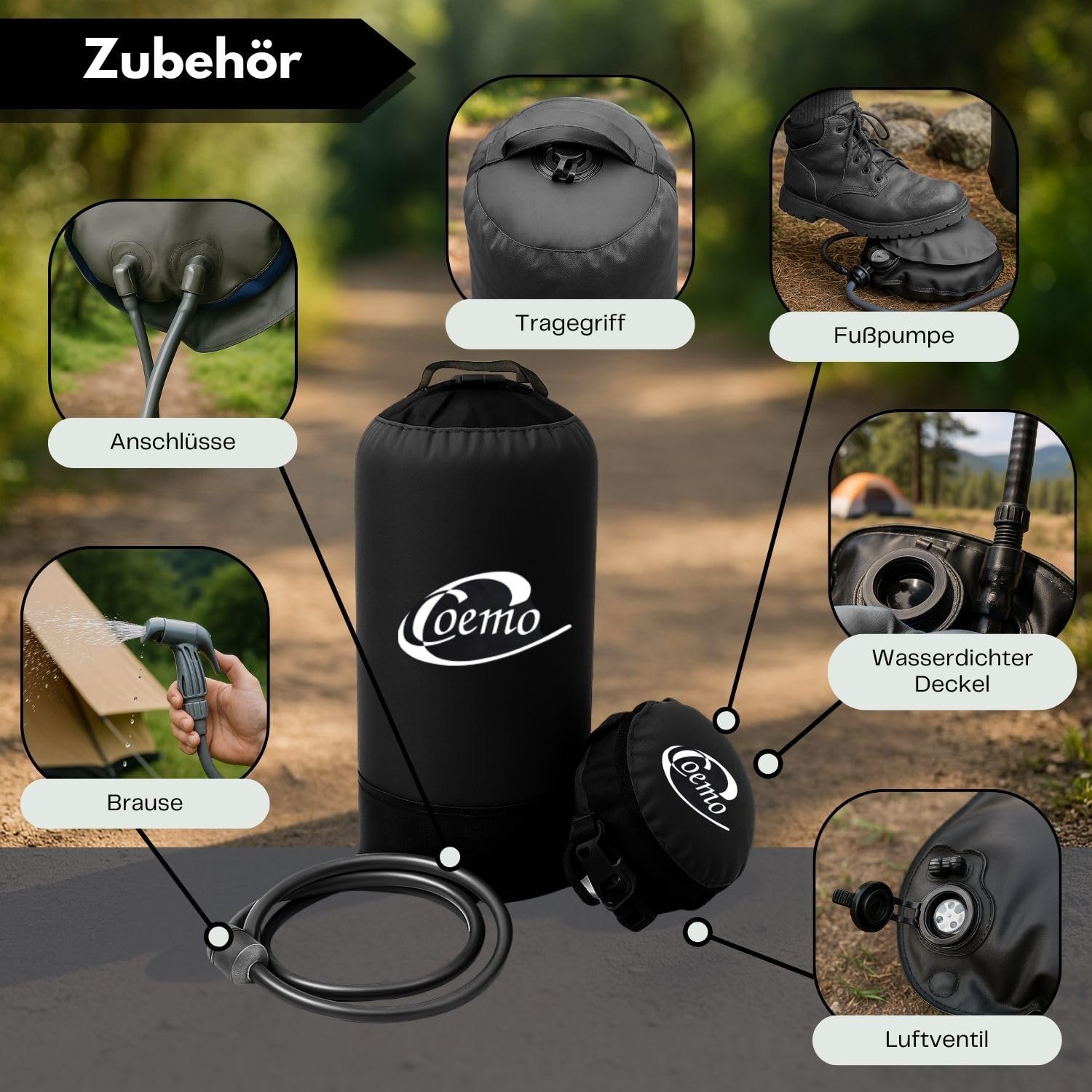 Coemo Tragbare Campingdusche mit Pumpe, 11L Solardusche