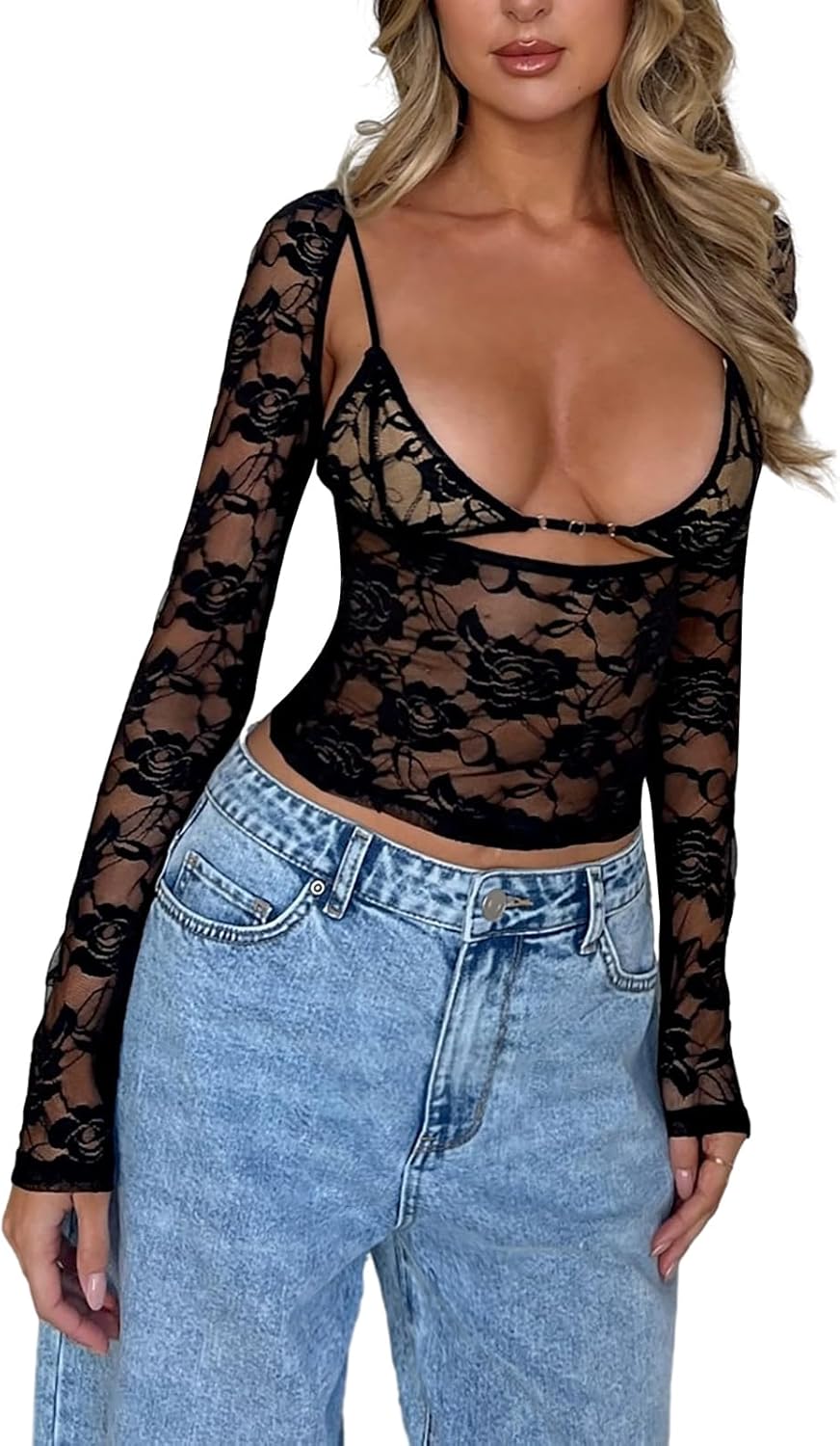 Women Y2k Lace Long Sleeve Crop Top Sexy Sheer See Through T Shirts Backless Slim Fit Going Out Tops - Image 4
