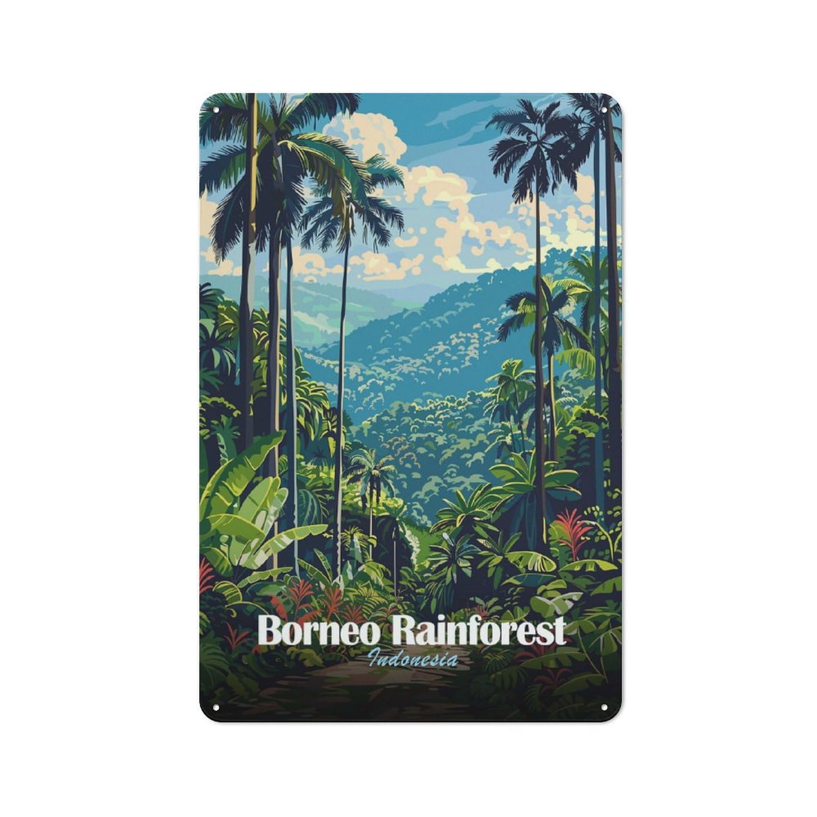 Junmoney Style-22 30X20cm Rustic Tin Sign With Borneo Rainforest, Indonesia For Home Office Or Studio, For Metal Sign Collectors, For Garage And Workshop Walls