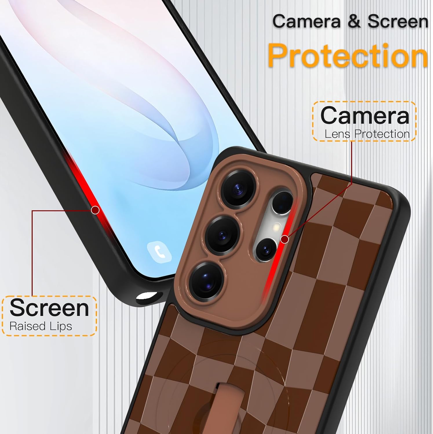 SOKAD Magnetic Checkered Case for Samsung Galaxy S26 Ultra with Finger Strap Kickstand, Compatible with Magsafe, Cute Checkerboard Designed for Women Men, Full Camera Protection Cover, Brown