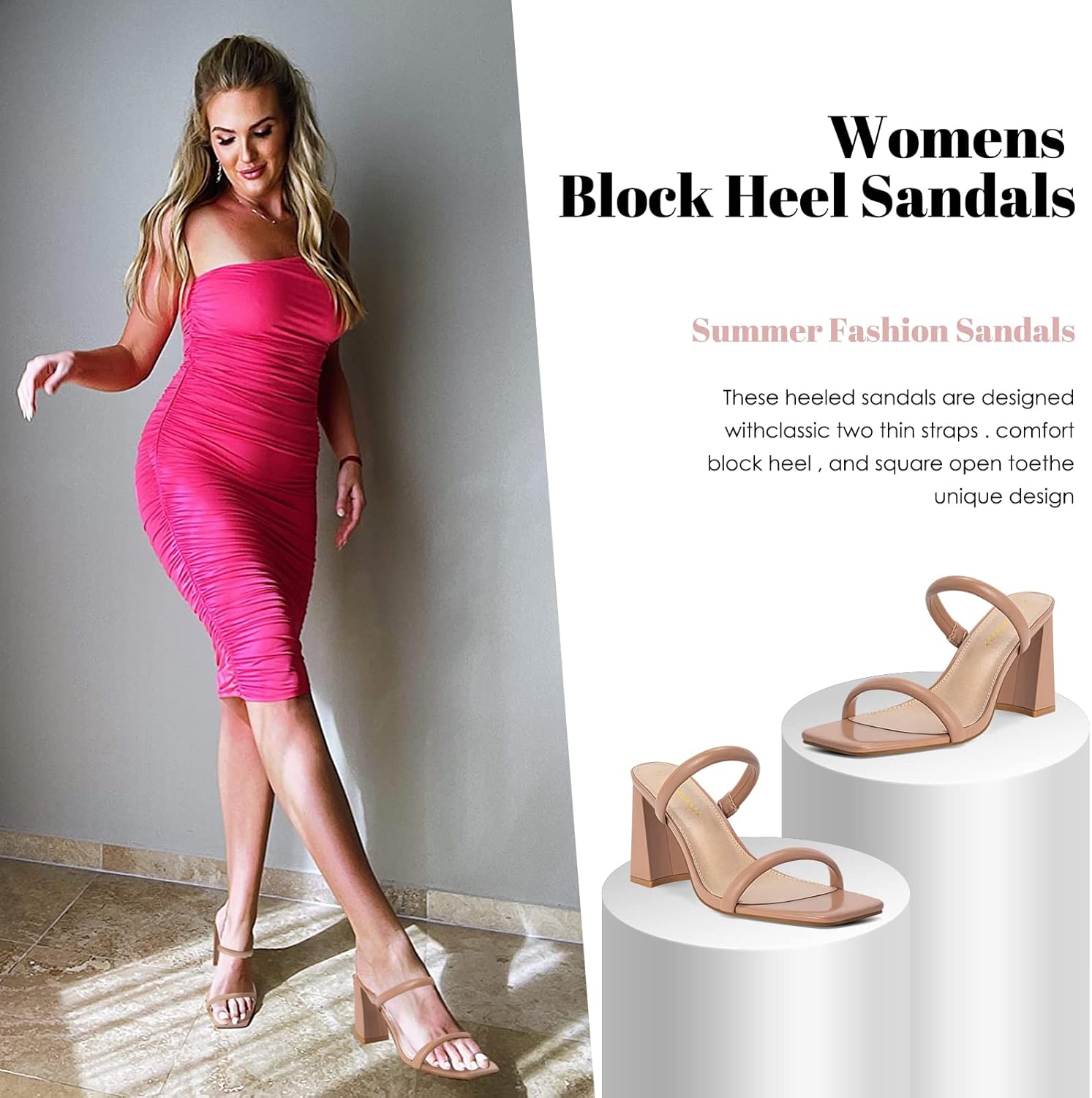 Athlefit Women's Square Open Toe Two Strap Heeled Sandals Slip On Block Chunky Heels Sandals - Image 4