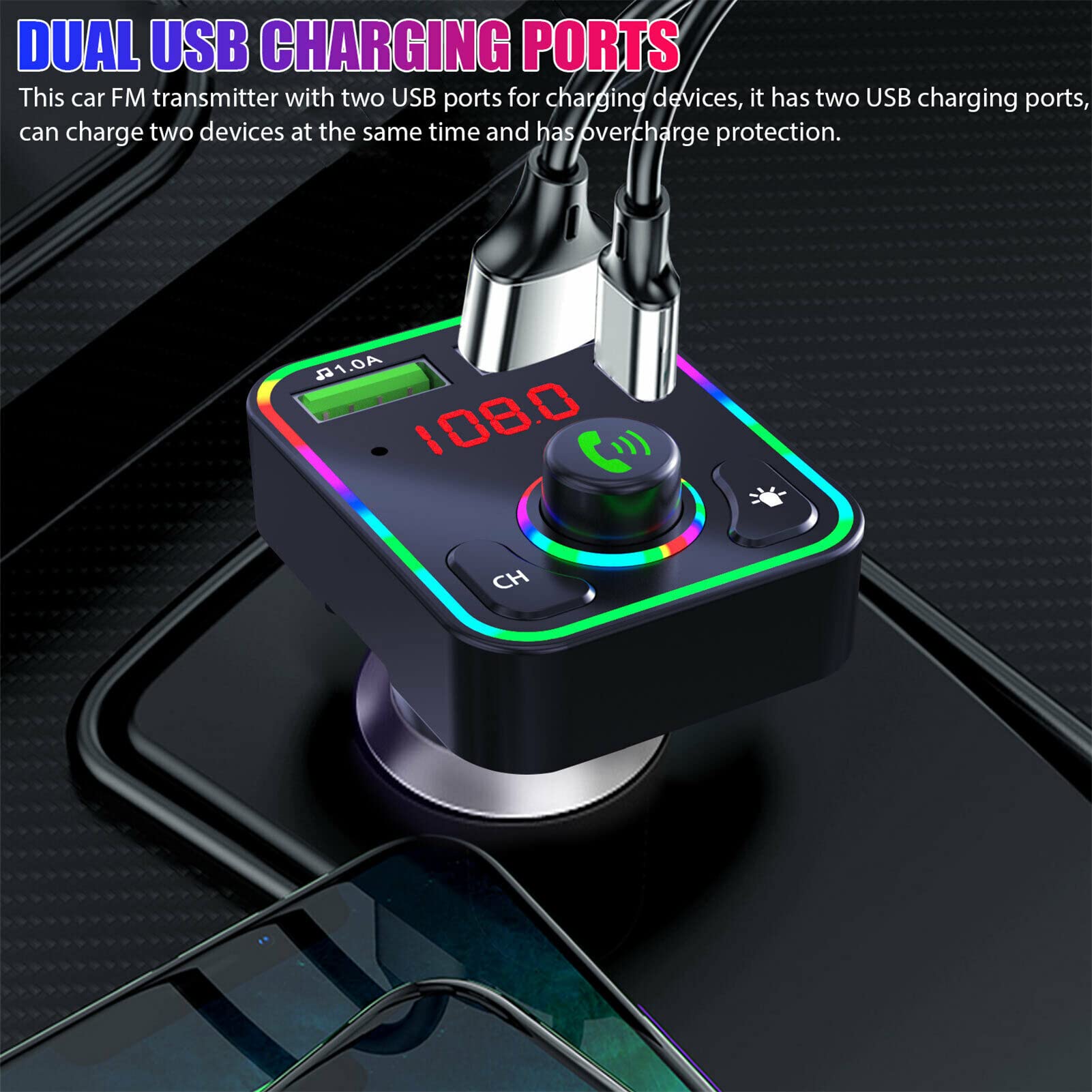 Auto-Audio Bluetooth Controller, odtwarzanie MP3 na telefonie, bezprzewodowy transmiter Fm, moduł kontrolera Bluetooth 5.0, adapter USB + zestaw głośnomówiący + oświetlenie otoczenia LED