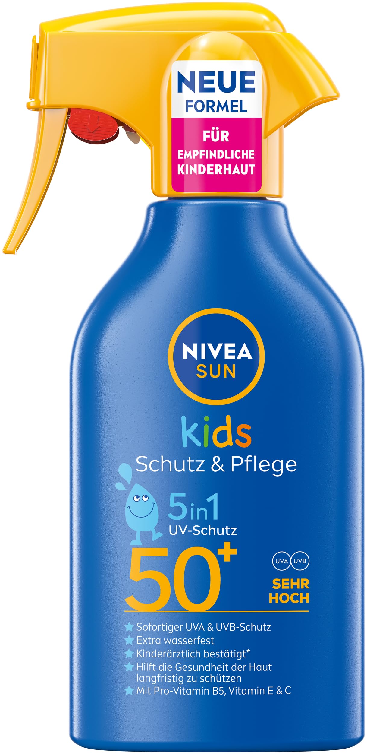 NIVEA SUN Ochrona i pielęgnacja dla dzieci w sprayu przeciwsłonecznym LSF 50+, wysoka ochrona przed słońcem z pantenolem, witaminą C i E, ekstra wodoodporny krem przeciwsłoneczny w sprayu do skóry