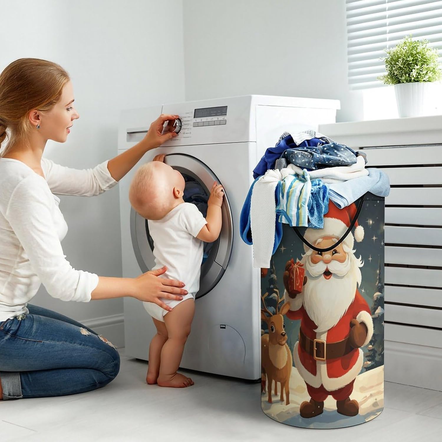 Christmas Santa Claus Large Laundry Basket with Hand Strap,Dirty Clothes Storage Bag, Easy Carry Laundry Hamper for Bathroom Bedroom Laundry Room