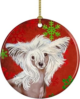 Caroline's Treasures Chinese Crested Red and Green Snowflakes Holiday Christmas Ceramic Ornament Christmas Tree Hanging Decorations for Home Christmas Holiday, Party, Gift, 3 in, Multicolor