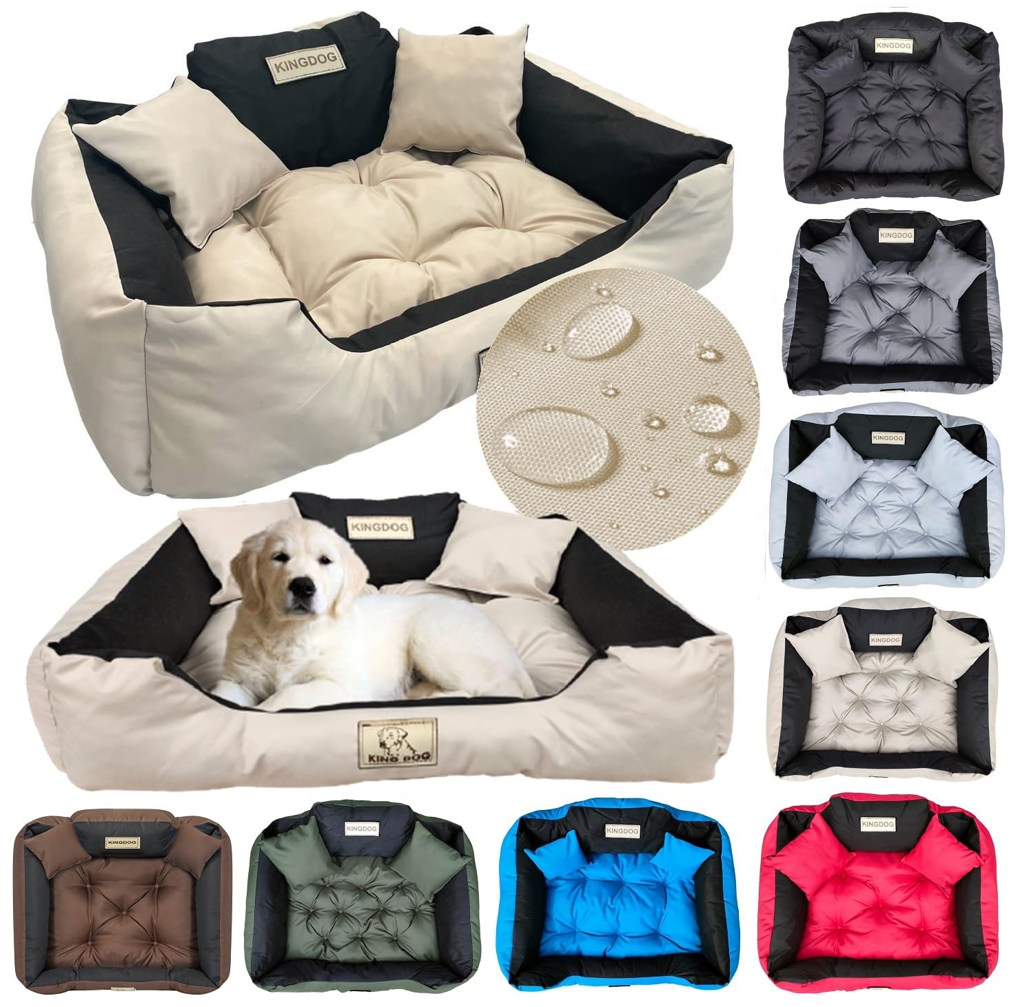 KING DOG Hundebett Sehr Grosse Hunde Waschbar XXL 130 x 105 cm Hundekissen Haustierbett Hundekorb Personalisiert - Name des Hundes Wasserdichtes Material Silikon Füllung Beige