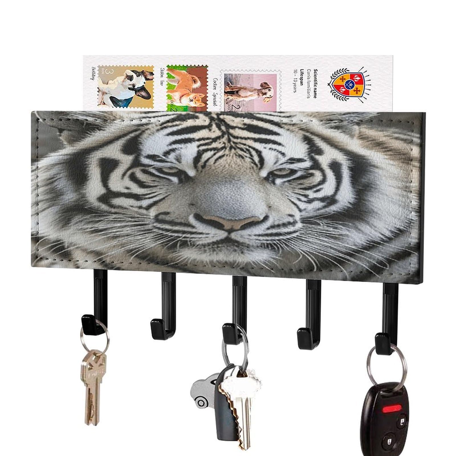 Accroche-clés tigre noir et blanc et étagère murale pour ne plus perdre ses clés dans l'entrée