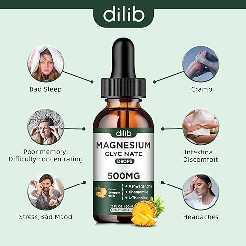 Miniatura 4 de Glicinato de magnesio 500 mg  Gotas de magnesio líquido, Ashwagandha, L - Teanina, Manzanilla - Calma y alivio del estrés, relajación, sueño