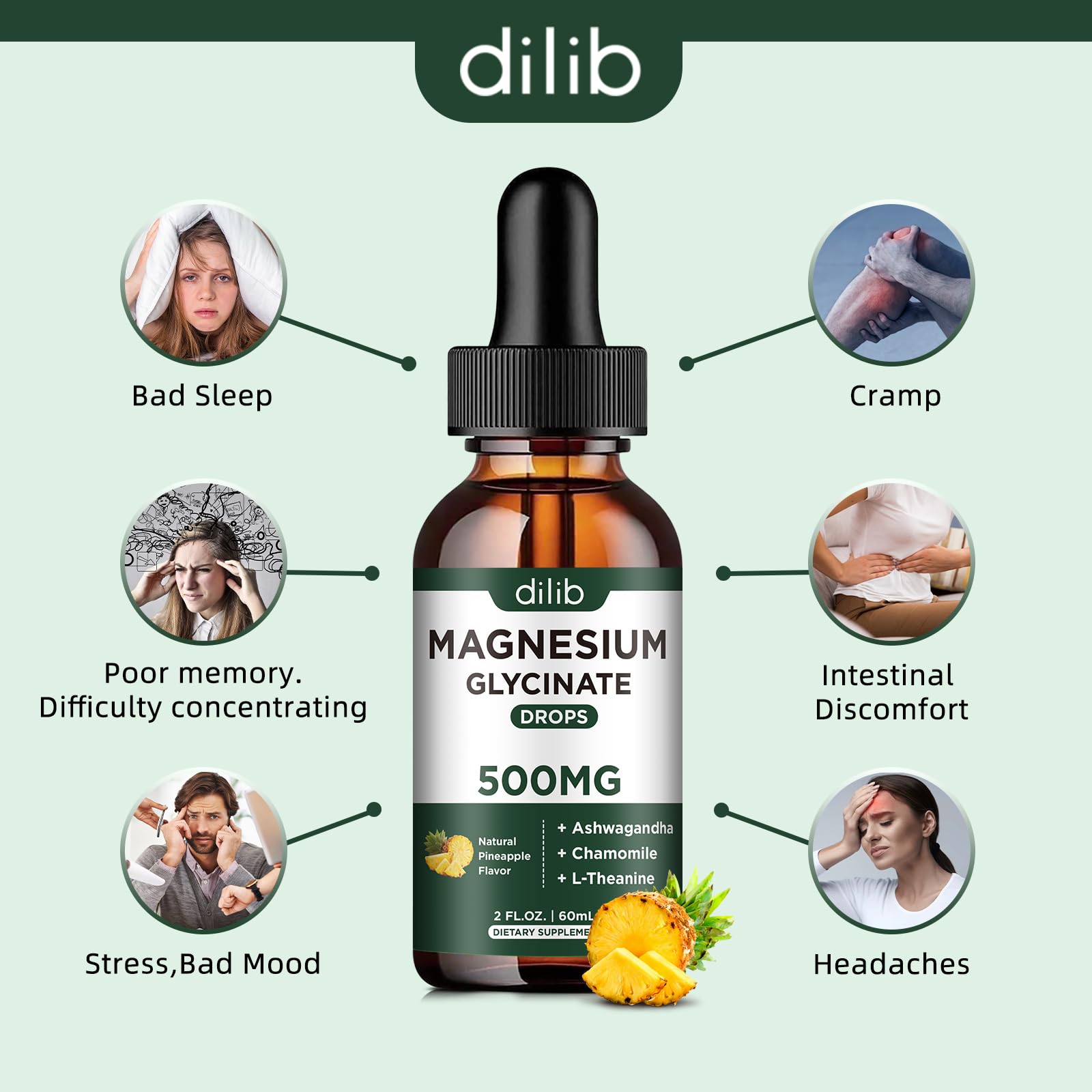Magnesium Glycinate 500mg - Liquid Magnesium Drops, Ashwagandha, L - Theanine, Chamomile - Calm & Stress Relief, Relaxation, Restful Sleep, Muscle Heart Health, Vegan - 2 Fl Oz (30 Days) — Amazon image 4