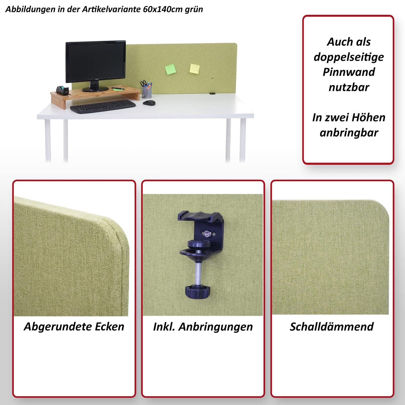 Paroi de séparation acoustique HWC-G75 tissu 140x60cm gris