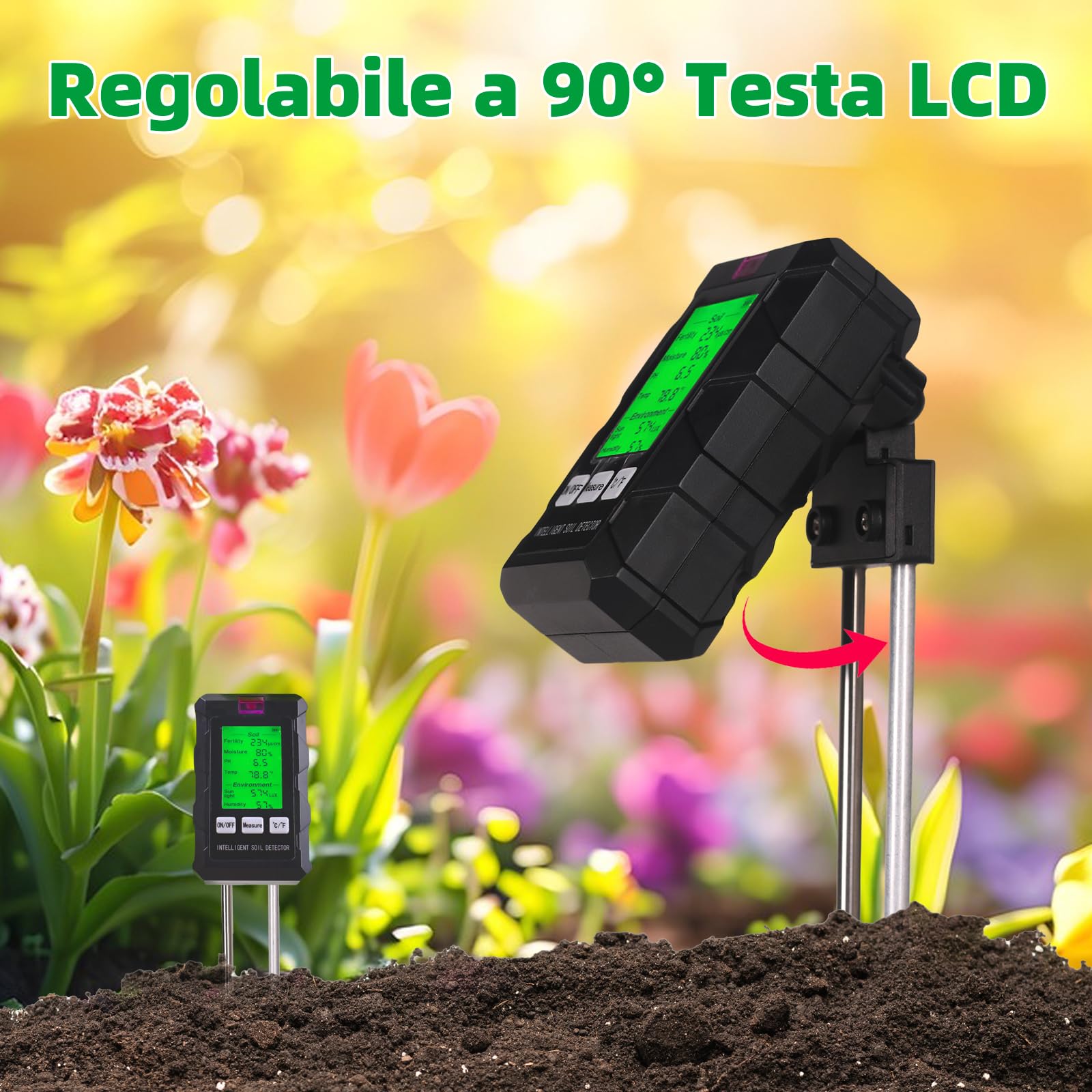 Misuratore PH Terreno 6 in 1,Igrometro Piante con Fertilità del Suolo/Umidità/pH/Temperatura/Luce Solare/Umidità Ambientale,Sensore Umidità Terreno per Giardinaggio,Prato,Agricoltura,Piante da Esterno