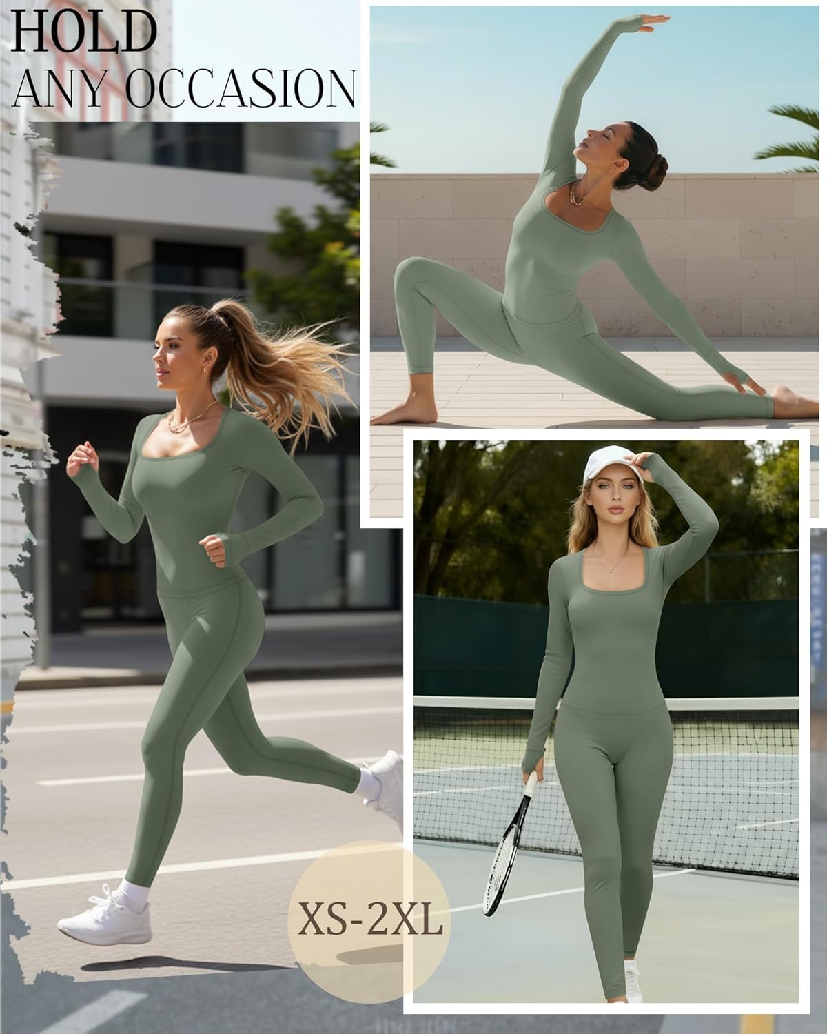 Women's 2 Piece Workout Sets Long Sleeve Square Neck Yoga Workout Tops Leggings Thumb Hole Tight Outfits - Image 5