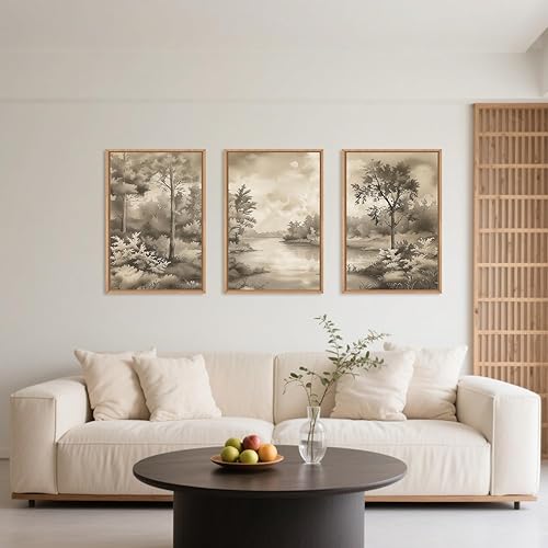 Miniatura 2 de Lienzo enmarcado de paisaje de árbol de acuarela, juego de arte para pared, paisaje retro de bosque natural, decoración de pared, decoración de