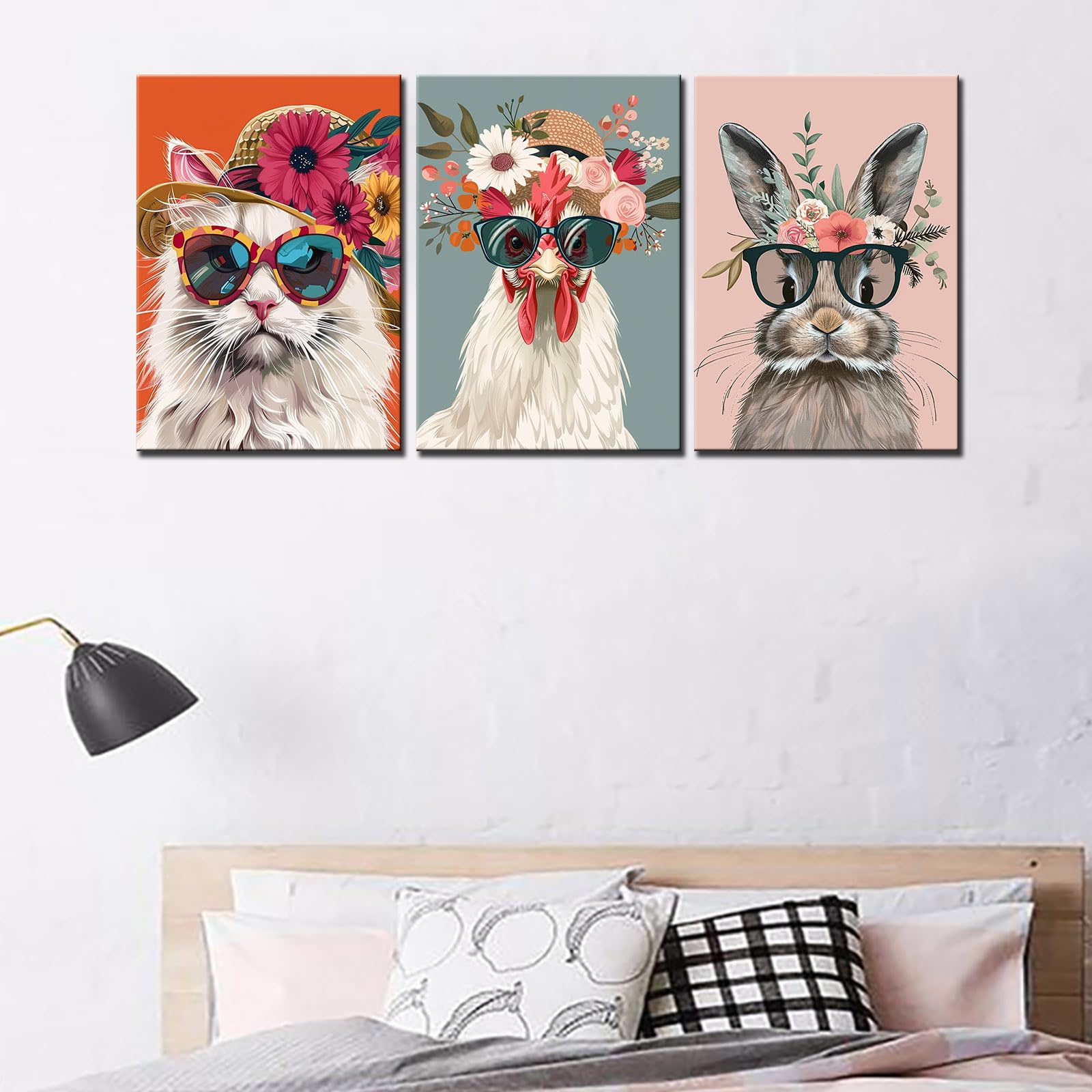 Cute Funny Animal Canvas Wall Art for Living Room Decor 3 Pcs Rooster Cat Rabbit Wear Sunglasses Paintings Animal Flowers Artwork Decor Wall Pictures Kitchen Wall Decor Framed Ready to Hang 42”Wx20”H - Image 4