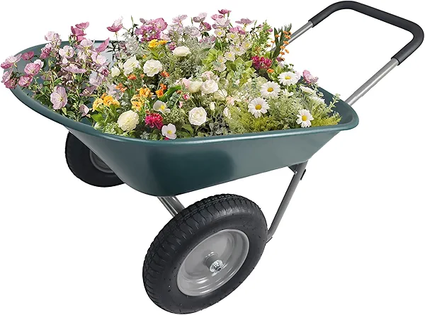 Elevon Wheelbarrow Garden Cart, Heavy Duty Home Utility, Dual-Wheel Home Garden Yard Utility Wheelbarrow Cart with Built-in Stand, Green