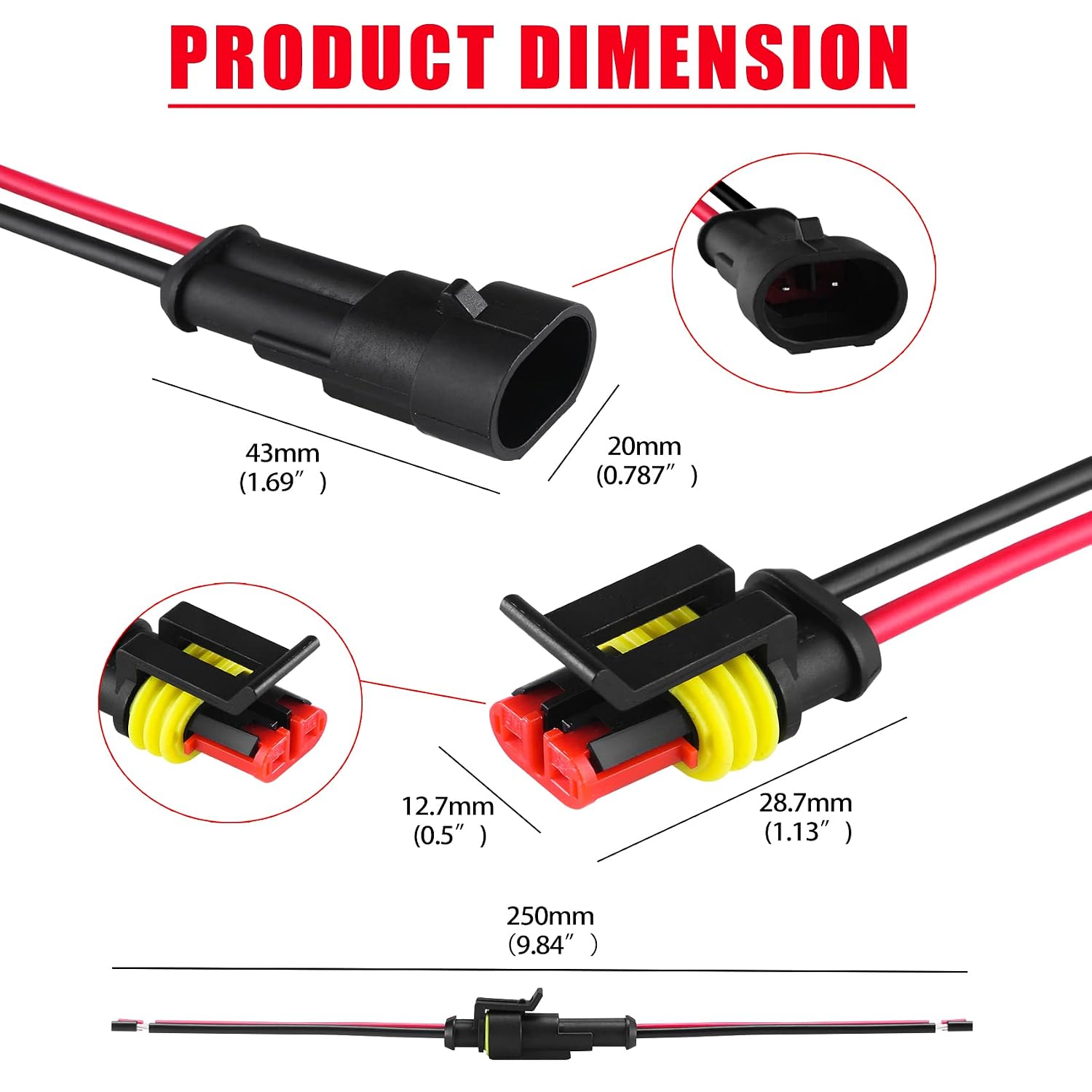 MUYI 2 Wire Connector 16AWG 5 Kits 2 Pin Waterproof Connectors with 10cm Pigtail 1.5mm Series Rubber Seal and Electrical Terminals