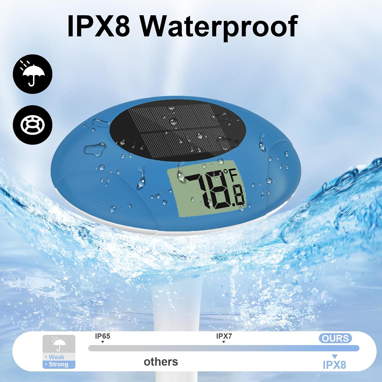 Wireless Pool Thermometer, Digital Floating Thermometer Easy Read IPX8 Waterproof Solar Temperature Gauge for Swimming Pool, Aquarium, Pond, 328 Feet Long Connection