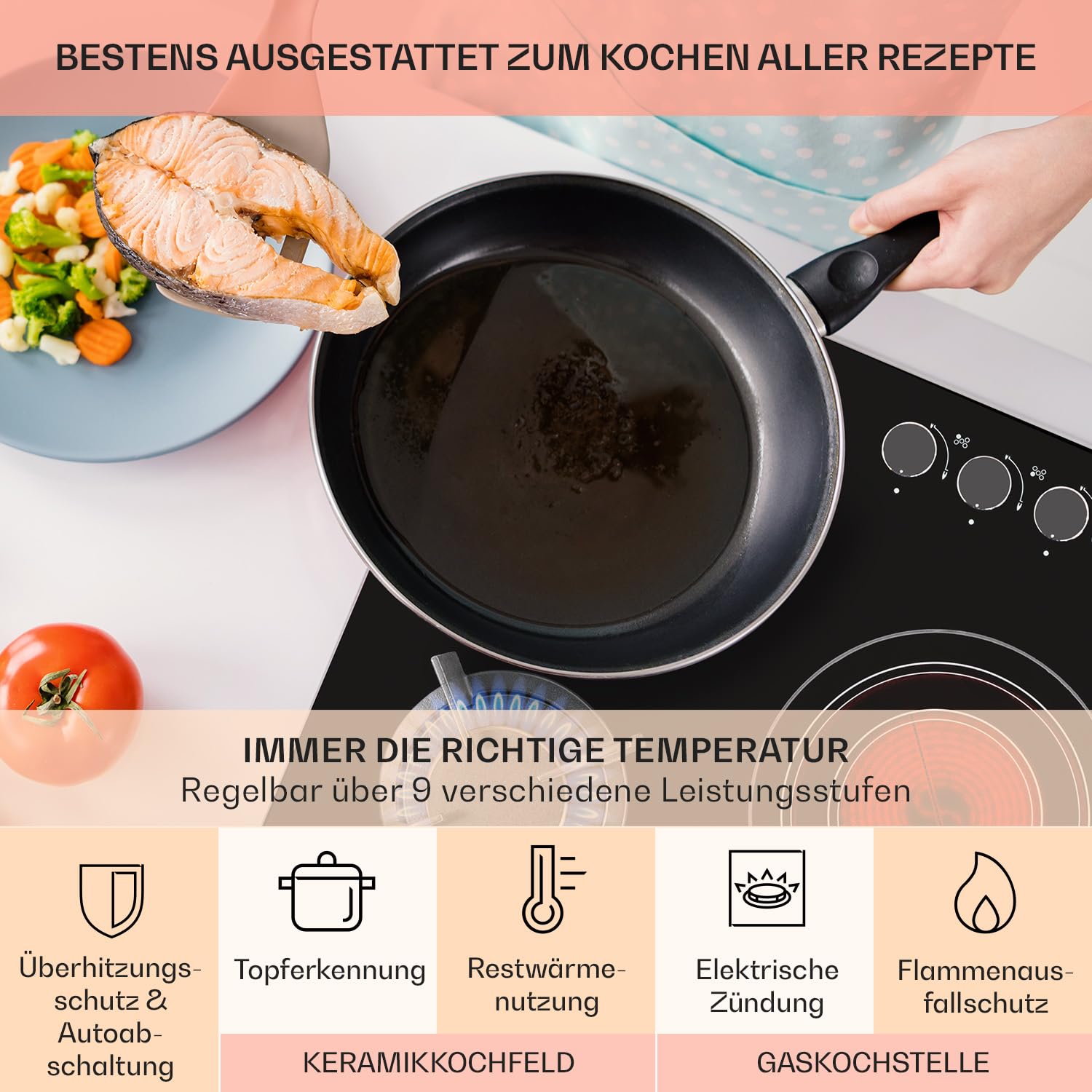Klarstein Gaskocher 4-Flammig und 1 Glaskeramik Kochfeld, 9,2 kW Einbau-Gaskocher für Innenbereich, Edelstahl-Gaskocher für Wohnmobil, 4-Flammiger Gaskocher, Moderner Einbau Gasherd, Gas Herd