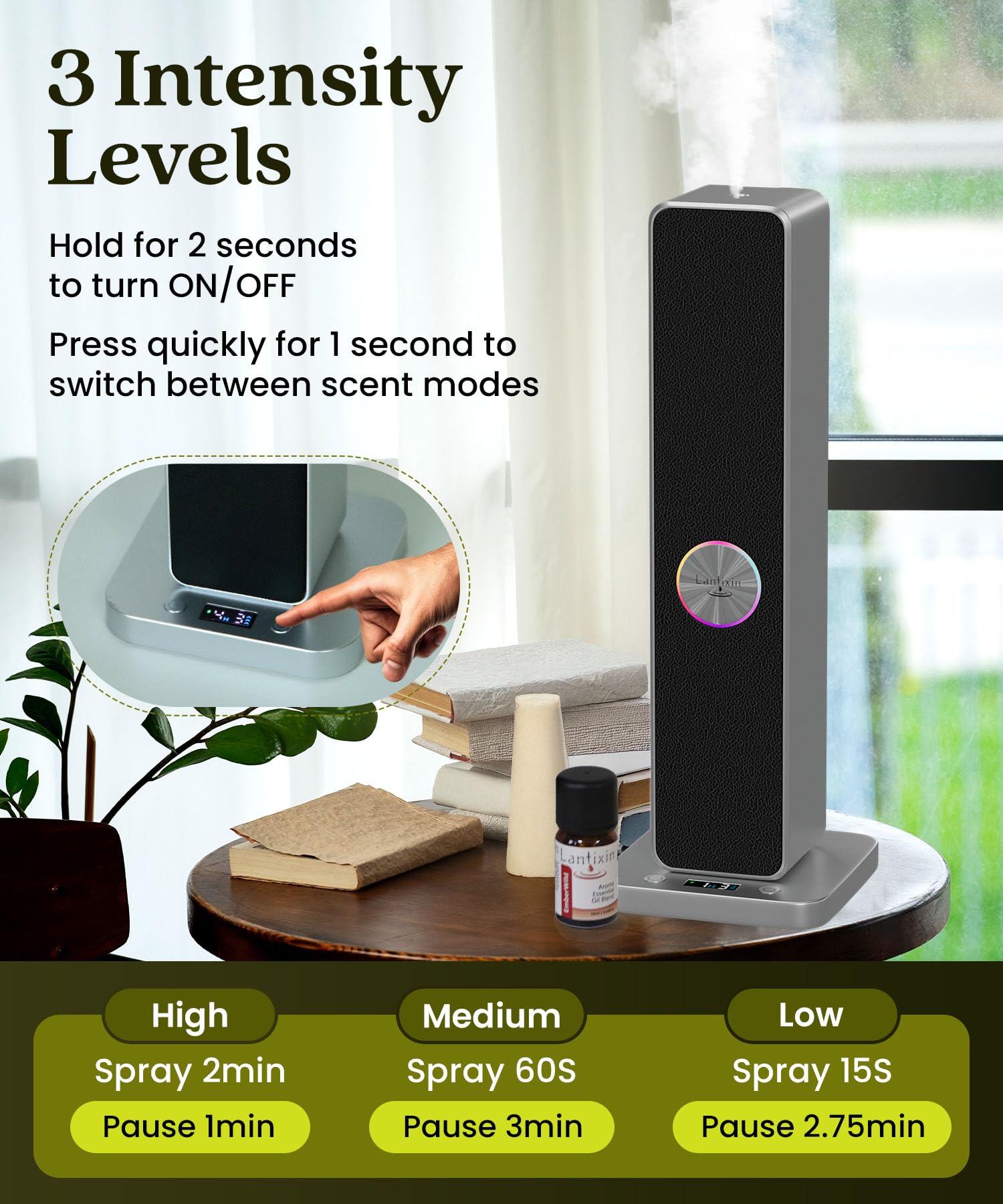 Lantixin Wasserloser Diffusor für ätherisches Öl – Nano-Zerstäubungstechnologie Plug in Diffusor für große Räume – Ultra leise Öl-Diffusoren für Zuhause, Büros, Hotels, Aromatherapie-Erlebnis (Silber)
