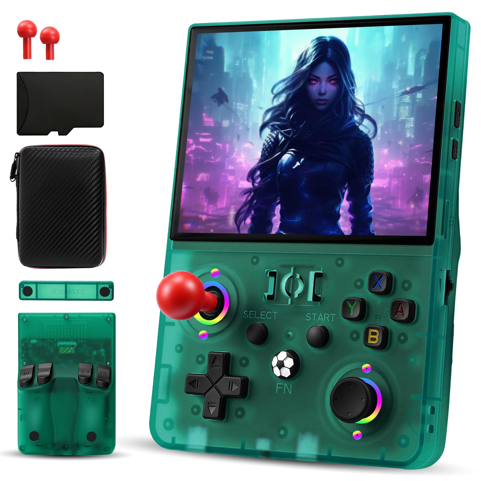 R36MAX Ⅱ Retro Handheld Game Console, 4.5 IPS HD Screen Retro Gaming Console with Detachable Joystick, 20,000+ Classic Games, 30+ Emulators, Pocket Hand Held Video Games (Transparent Green)
