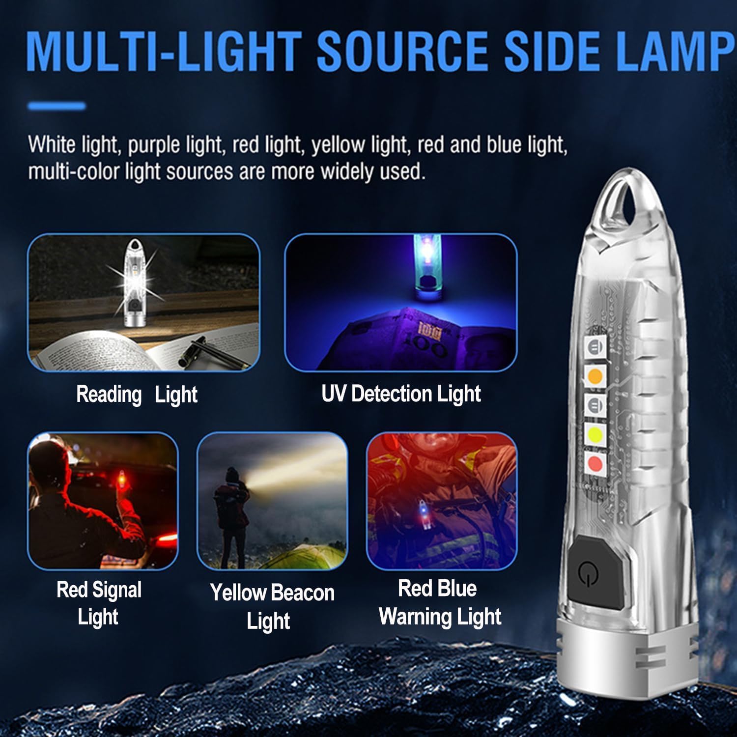 V1 Mini Keychain LED Flashlight, 400 LM Powerful 12 Modes with UV Red Blue Yellow Side Light, Rechargeable Emergency EDC Pocket Light for Daily Use, Outdoor