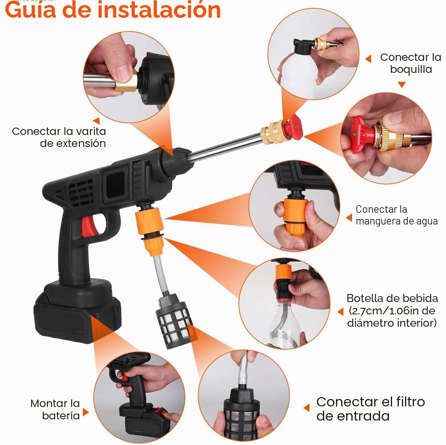 90 Bar Limpiador de Alta Presión de Batería Inalámbrico, Larga Duración | Regulación de Presión Inteligente, Con boquilla Manguera 5m, 3 Modos de Limpieza, para Limpieza y Riego de Coches y Jardines