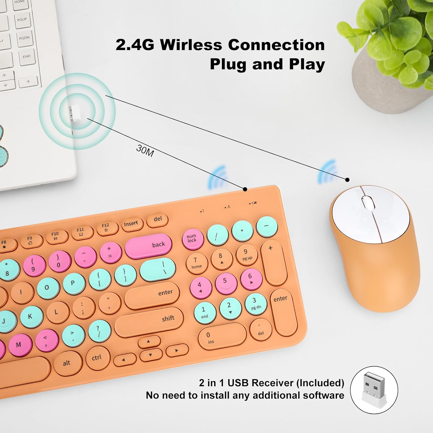 Wireless Keyboard and Mouse Combo, Retro Typewriter Keyboard with Round Keycaps, 2.4GHz USB Cute Wireless Keyboard Mouse for Computer, Desktop, Laptop and Computer (Orange Colorful)