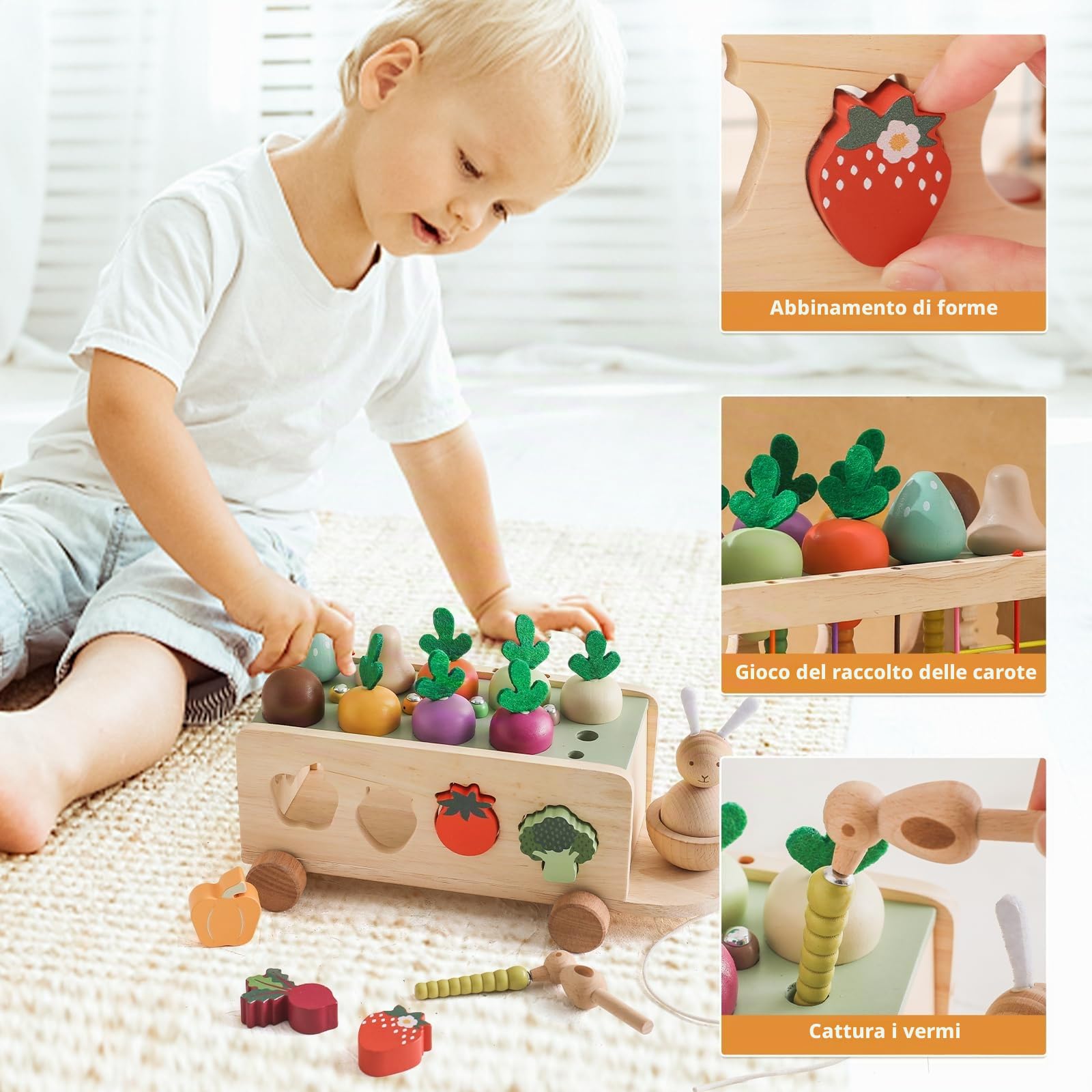 WOODEN TEETHER Montessori, giocattolo in legno a partire da 1 2 3 anni, gioco di smistamento, puzzle in legno, raccolta di carote, giocattolo educativo per ragazzi e ragazze