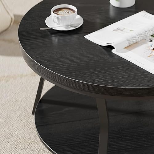 Miniatura 4 de Mesa auxiliar redonda, mesas de centro circulares de madera para sala de estar, mesa central industrial moderna de 2 niveles con mesa gruesa y marco